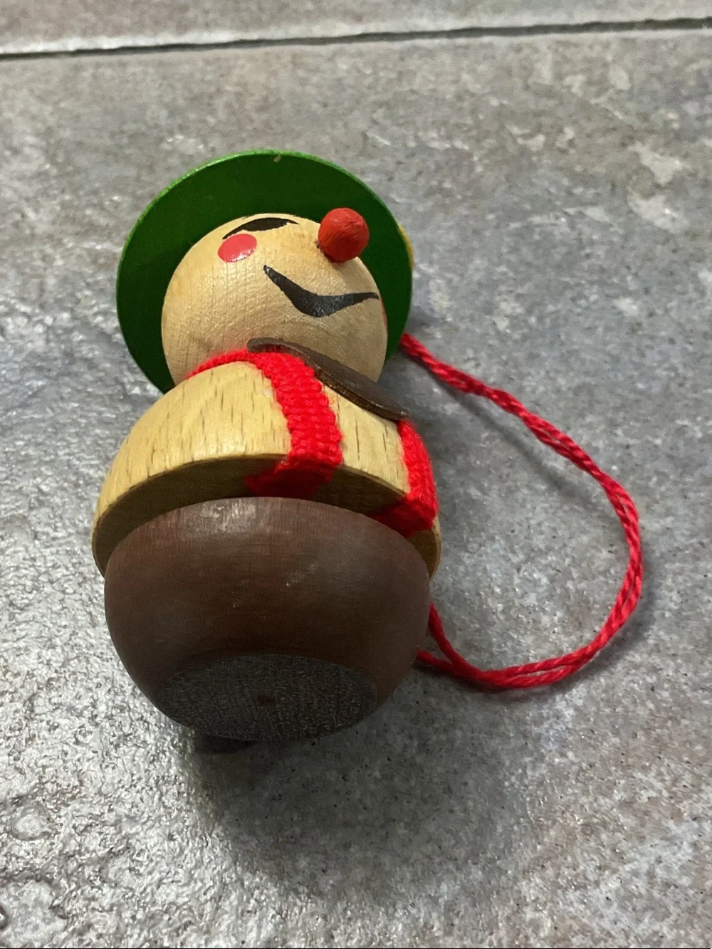 Wooden Clown Bell Toy - Green Hat, Yellow Horn made in Germany or West Germany